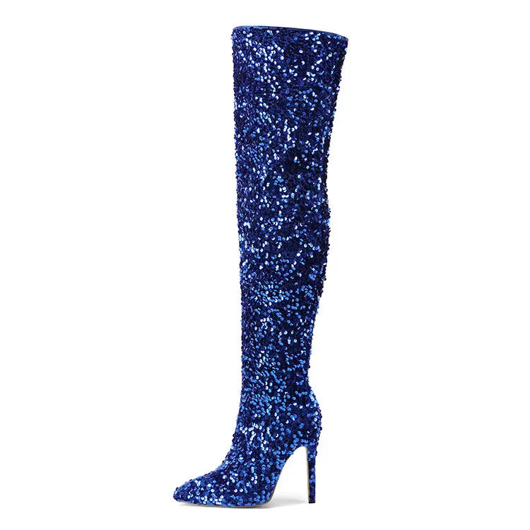 Sequin Pointed Toe Over The Knee Stiletto Boots For Women With Rear Zipper