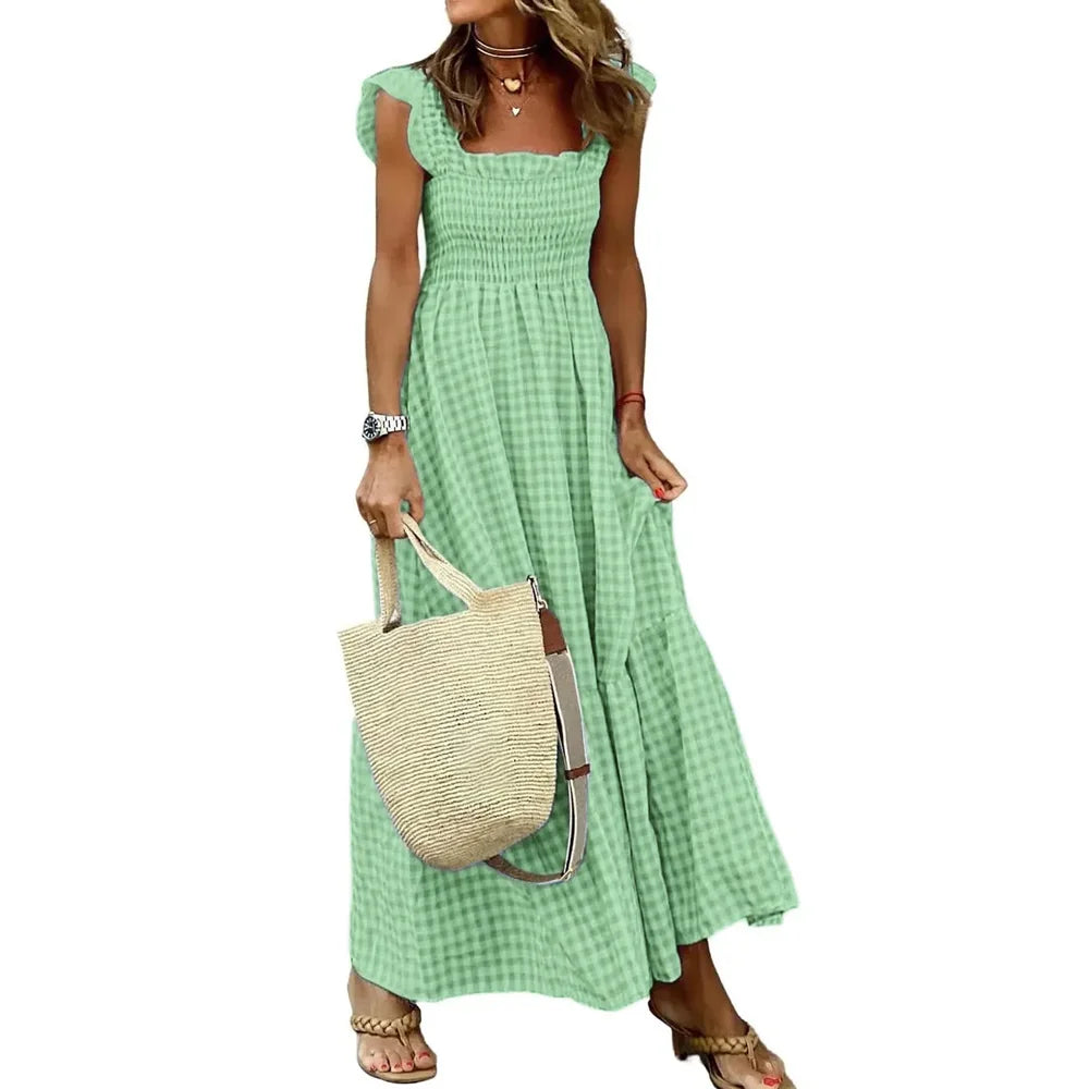 Flowy Plaid Backless Maxi Dress with Elastic Waist for Women