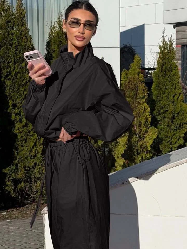 Lace Up Stand Collar Wide Leg Two Piece Set for Women