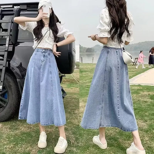 Fashionable Spring Medium-Length High-Waisted Jeans Long Dress Women's Elastic Waist A- Line Skirt Umbrella Skirt