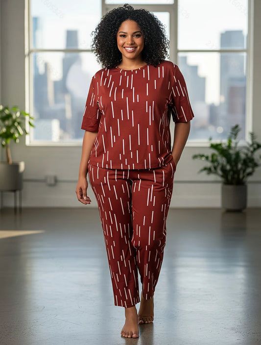 Wide leg pants set Short sleeve top Round neck Striped print Casual style Loose fit Burgundy Resort wear Simple and stylish Comf
