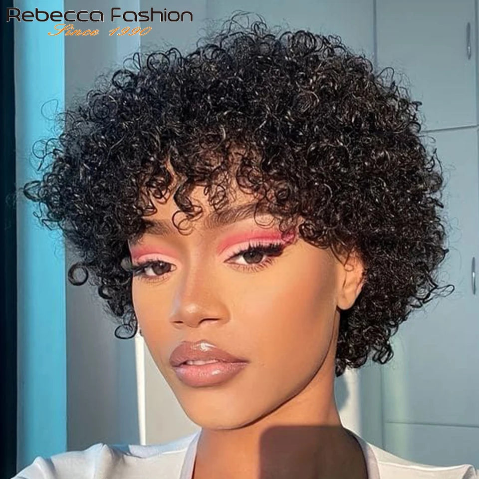 Short Kinky Curly Pixie Bob Human Hair Wig for Women