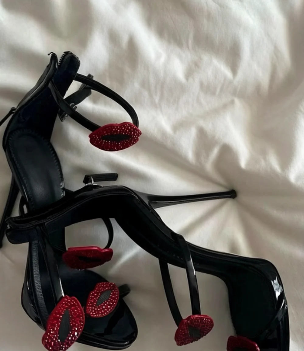 Open Toe Patent Leather Stiletto Sandals With Lip Embellishments for Women