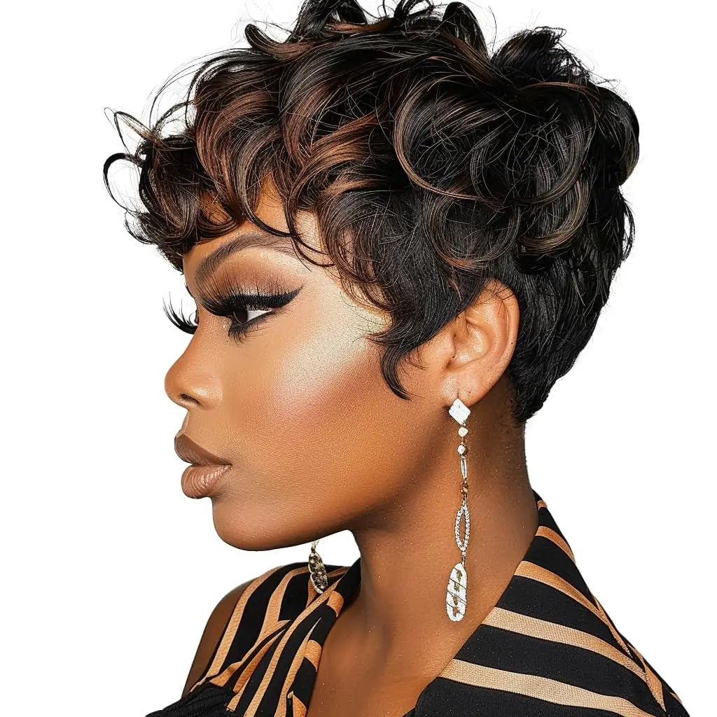 Synthetic Hair Natural Wavy Short Pixie Black Wig for Women