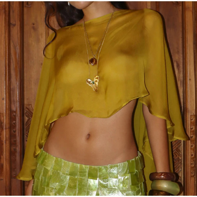 Sheer Chiffon Cape Top and Sequin Mini Skirt Set for Women