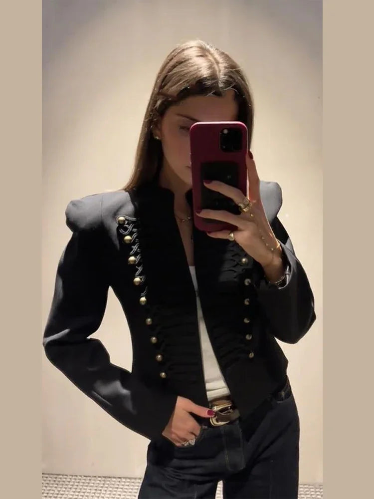 Chic Shoulder Padded Stand Collar Full Sleeve Blazer for Women