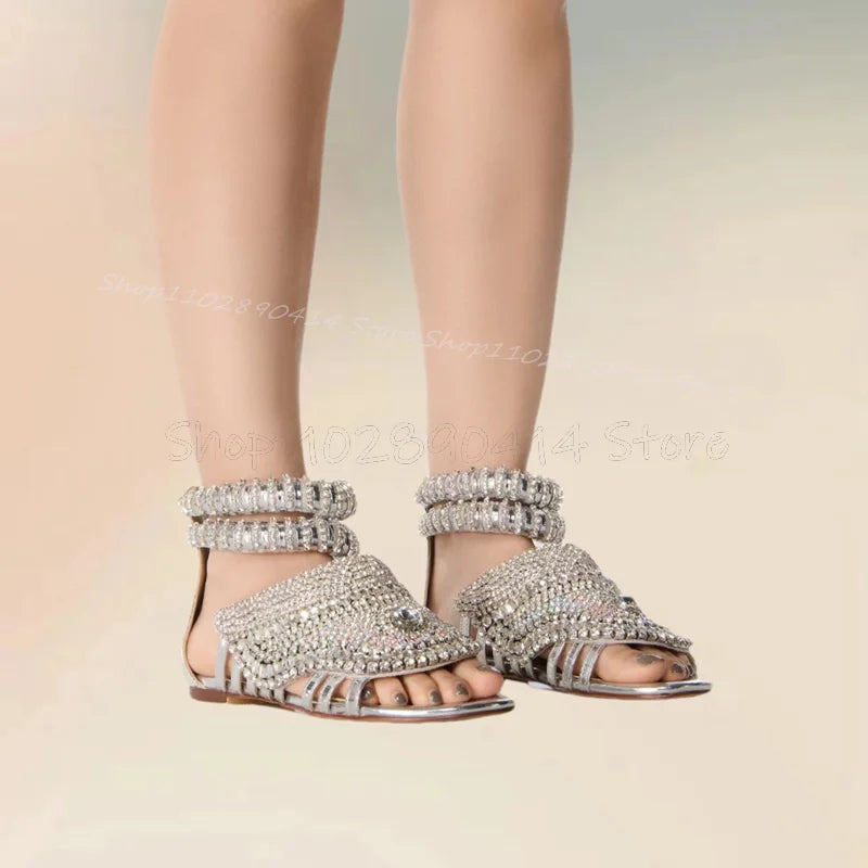 Crystal Embellished Open Toe Back Zip Sandals for Women