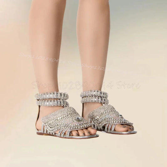 Silver Crystal Open Toe Back Zip Sandals