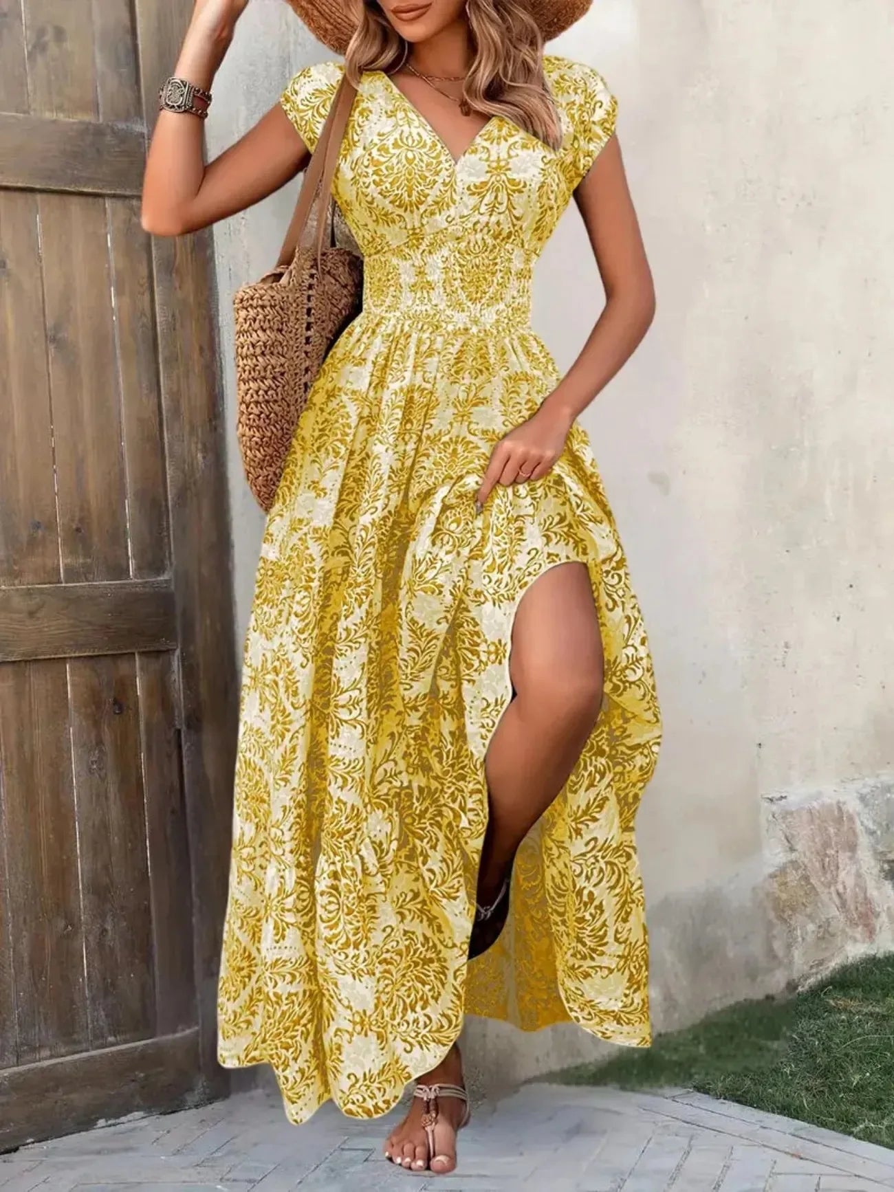 Bohemian Floral Printed V Neck Midi Dress For Women