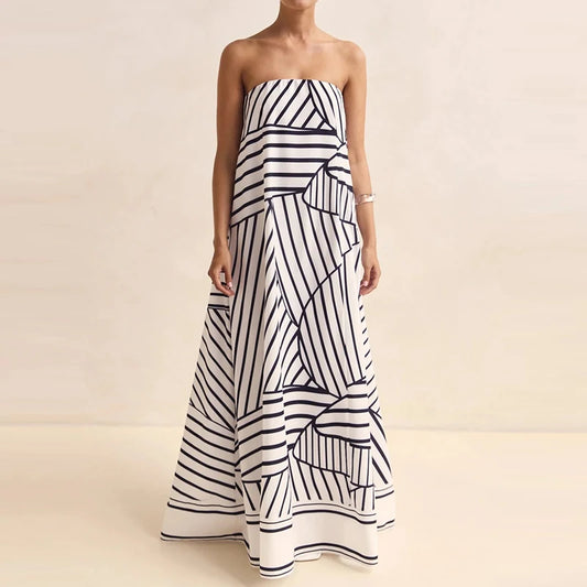 Casual Off Shoulder High Waist Loose Long Dress Backless Printed Holiday Women Dresses Summer Sexy Strapless Pleated Beach Dress