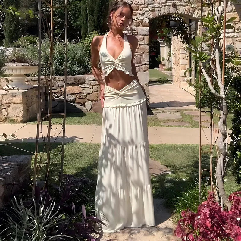 Cryptographic Elegant Two Piece Sets Sleeveless Frill Halter Twist Top Dress Sets Outfits Fashion Co-ord Sets Coquette Clothes