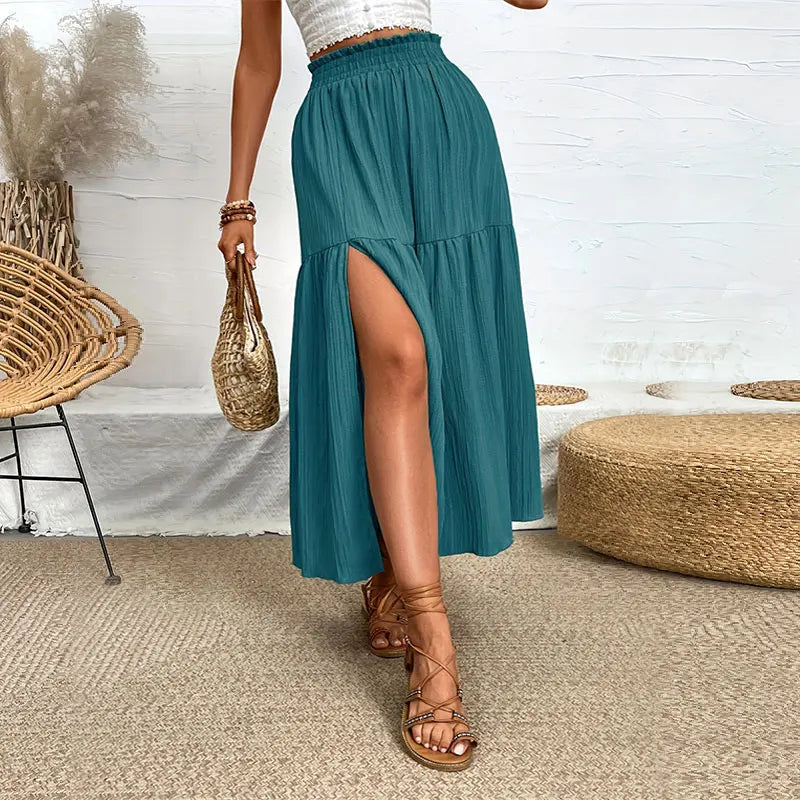 New Women Skirt Fashion Bohemian Midi Skirt High Waist Solid A Line Ruffle Skirt Casual Side Slit Beach Skirts 3 Colors Skort