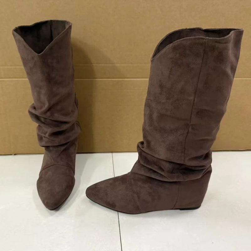 Pleated Pointed Toe Mid Calf Western Boots for Women