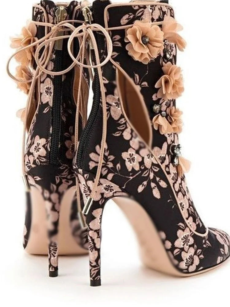 Black Floral Lace Up Pointed Toe Ankle Boots For Women