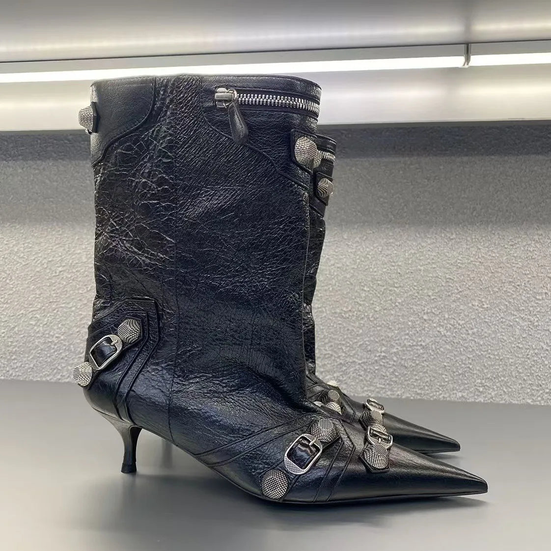 Punk Style Knee-High Rivet Detail Motorcycle Boots for Women