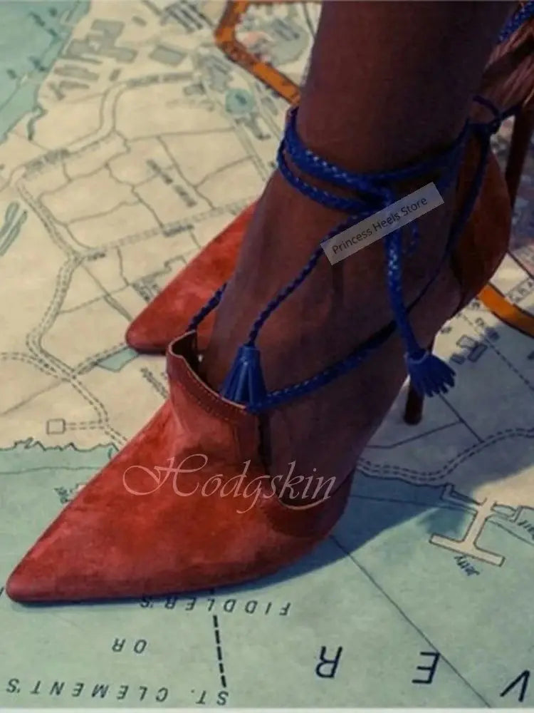 Pointed Toe Suede Straps Lace Up Sandals for Women