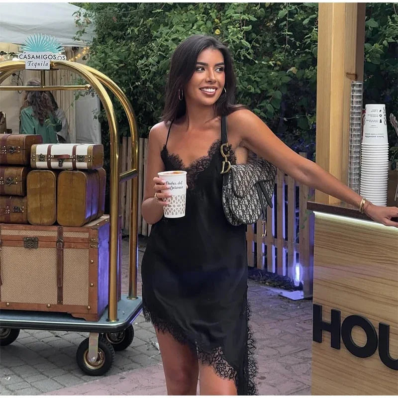 Brown Satin Lace Splicing Sling Dress Women Elegant Irregular Hem V Neck Backless Sleeveless Gown Chic Women Party Club Vestidos