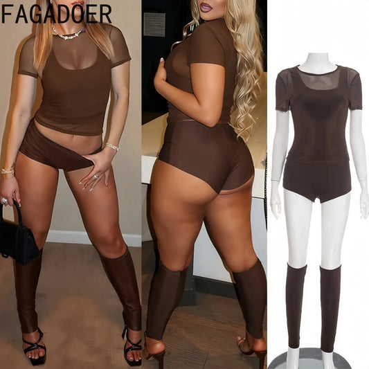Mesh Patchwork Crop Top And Shorts Set