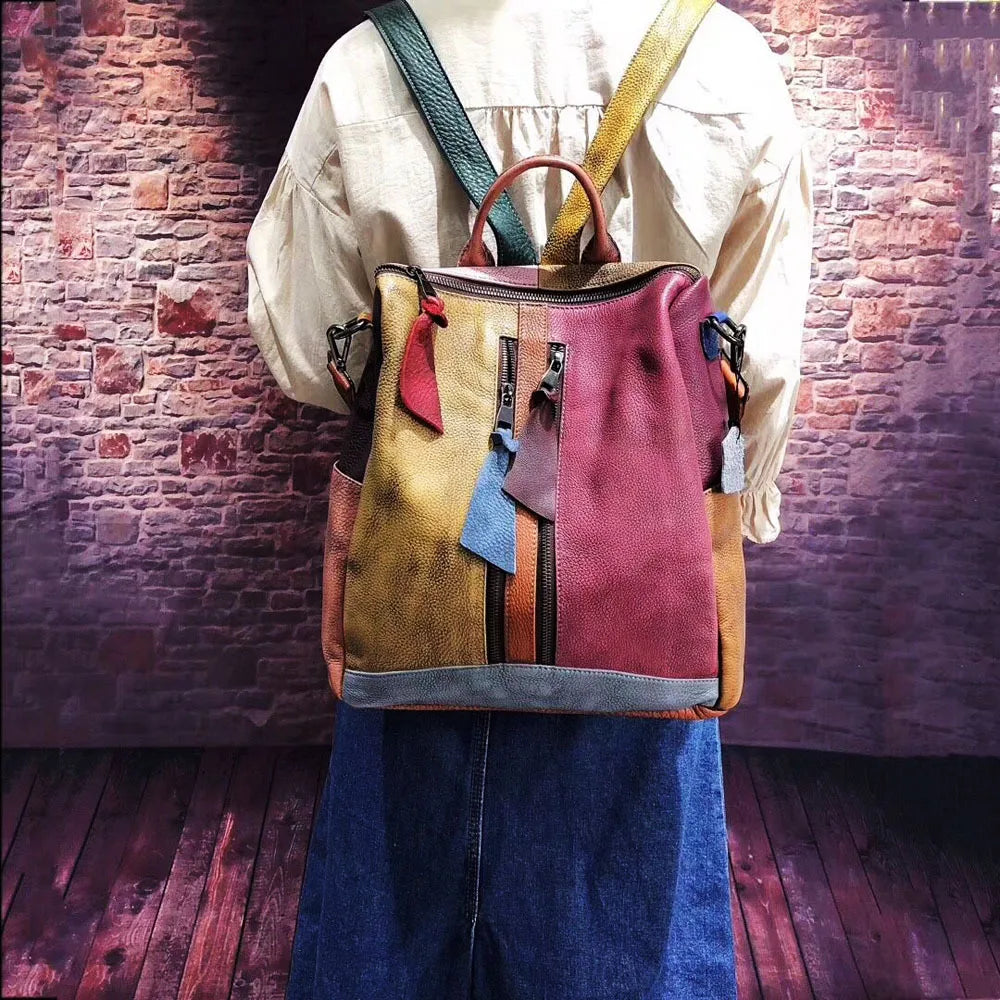ABQP New Women's Backpack Luxury Brand Genuine Leather Handmade Color Women's Backpack Large Capacity Travel Leisure Backpack