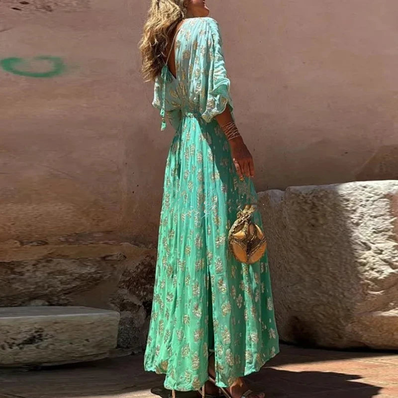 High Street V-neck Loose Slit Pants One Piece Elegant Print Waist 2024 Romper Women Lady Flare Sleeve Hollow Back Beach Jumpsuit