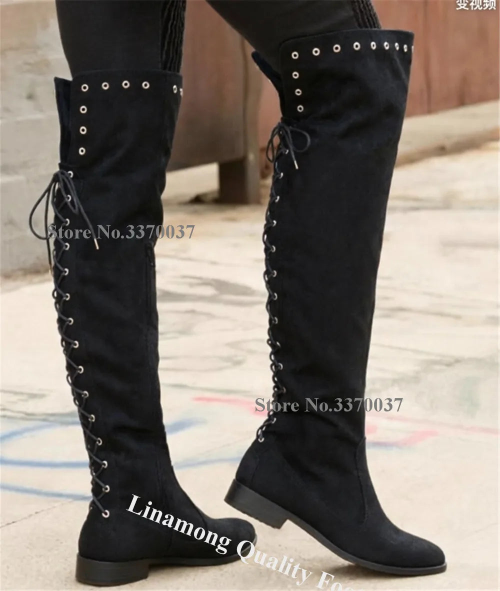 Suede Round Toe Lace-Up Knee-High Flat Boots for Women