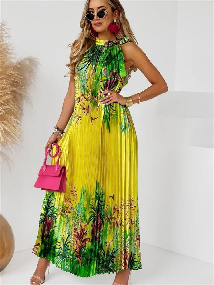 Wmstar Women Dress Lady Casual Loose Halter Pleated Maxi Fashion Leaf Print Sleeveless Beach Boho Elegant Halter Long Dresses