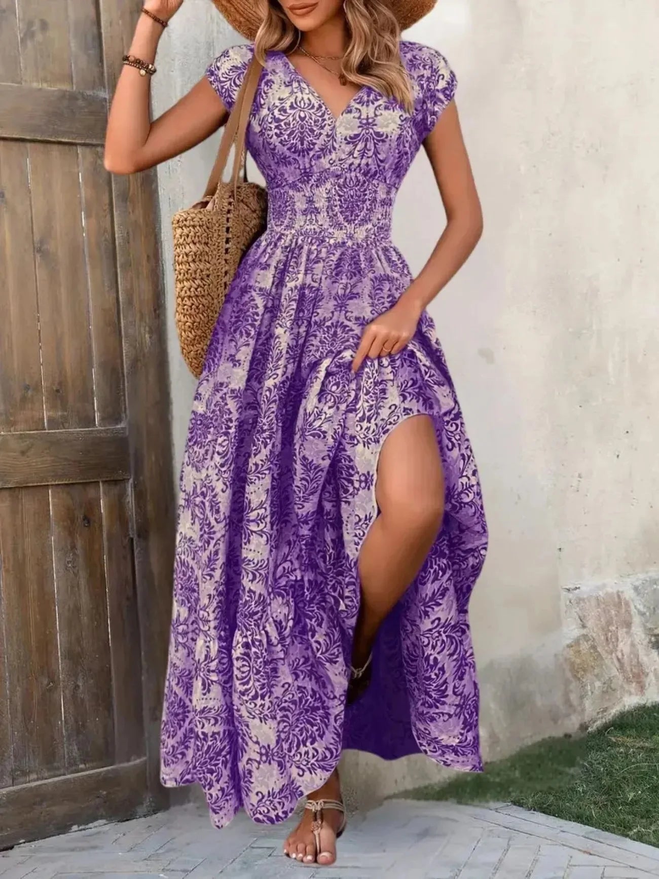 Bohemian Floral Printed V Neck Midi Dress For Women
