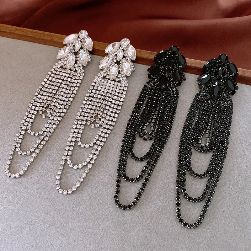 Long Rhinestone Leaf Tassel Drop Earrings for Women