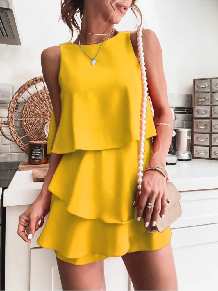 Irregular Layered Sleeveless O Neck Short Jumpsuit for Women