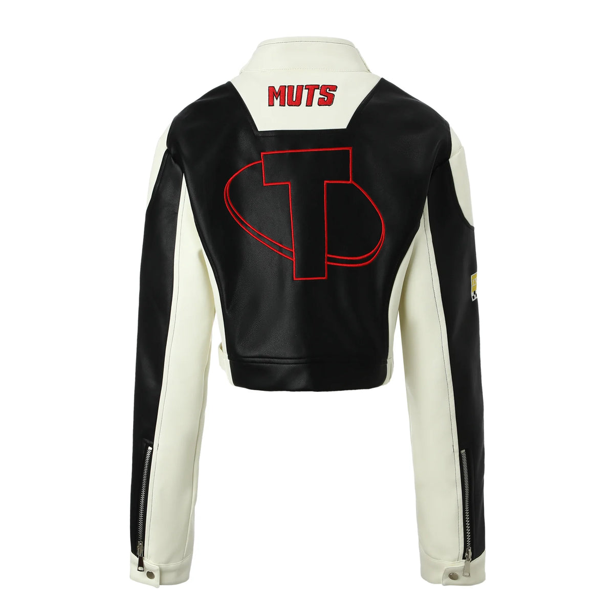 Contrasting Color Embroidered PU Leather Jacket for Women