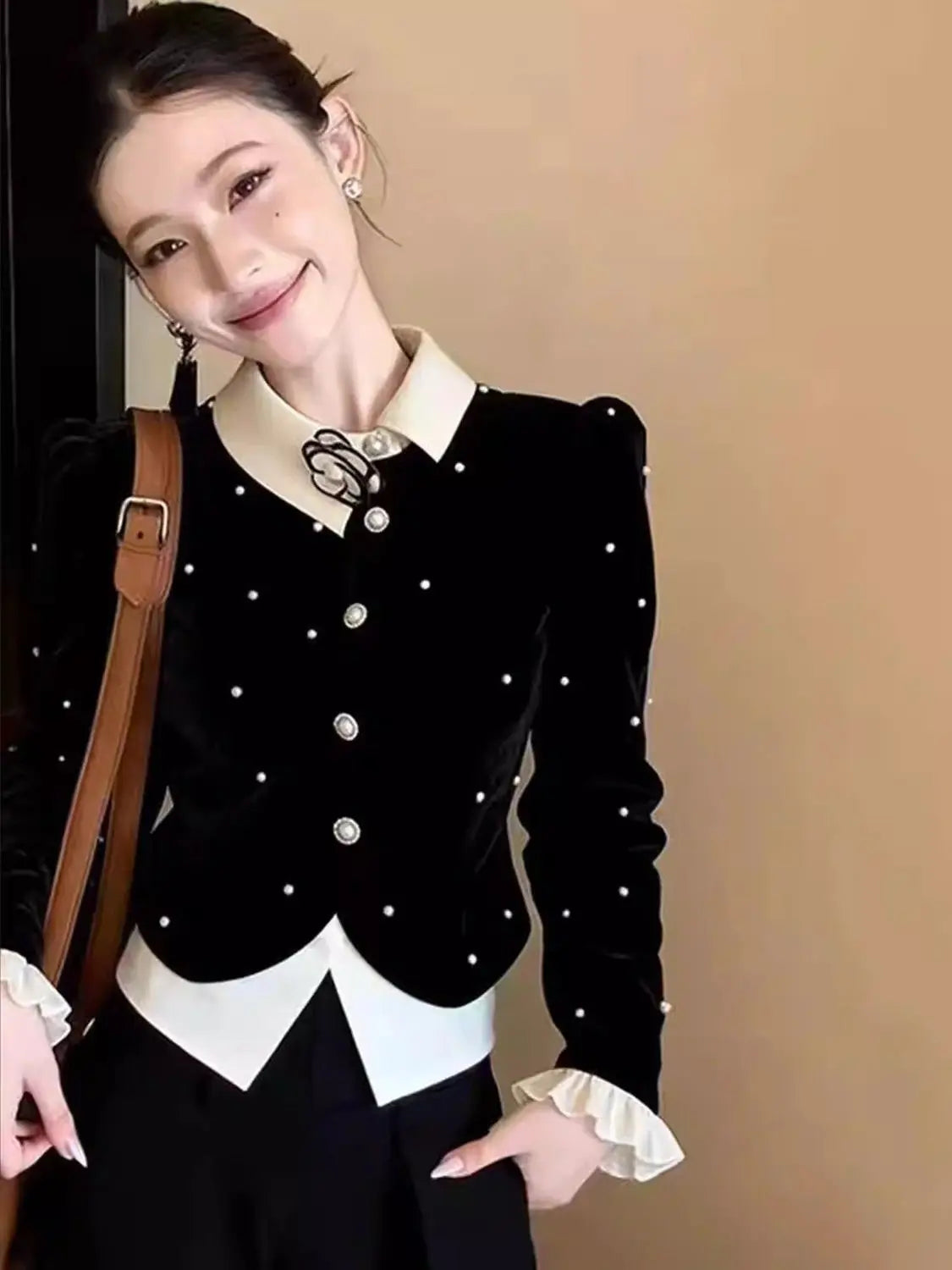Elegant Single Breasted Long Sleeve Velvet Shirt for Women