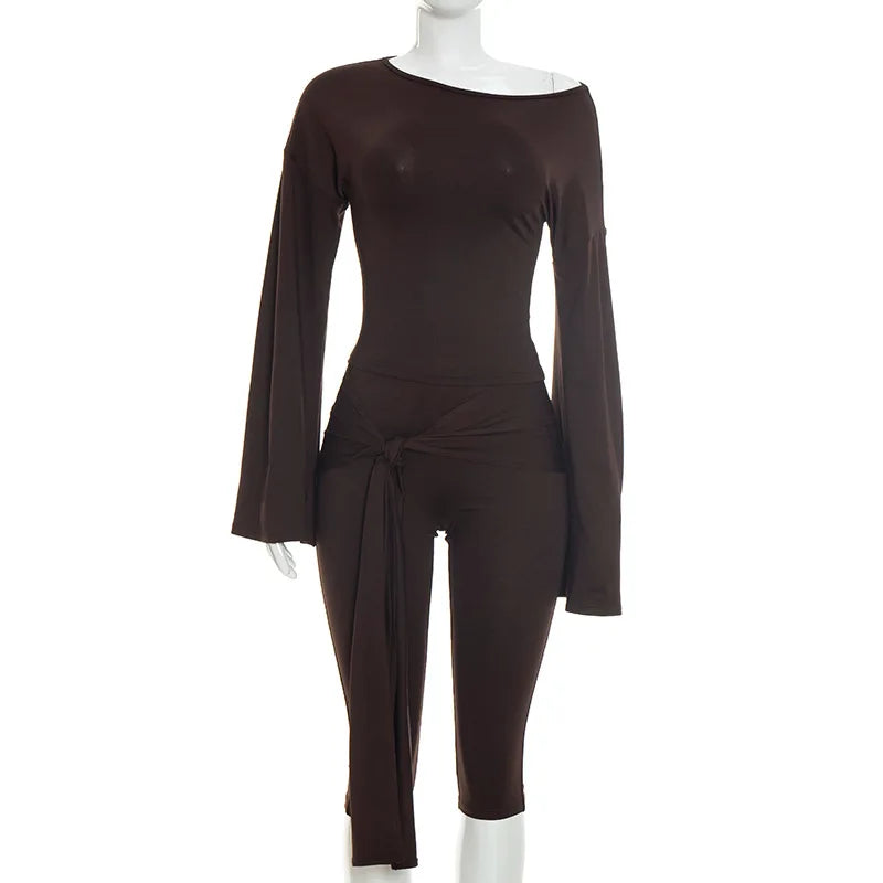 Slash Neck Two Piece Crop Top And Capri Pants Set for Women