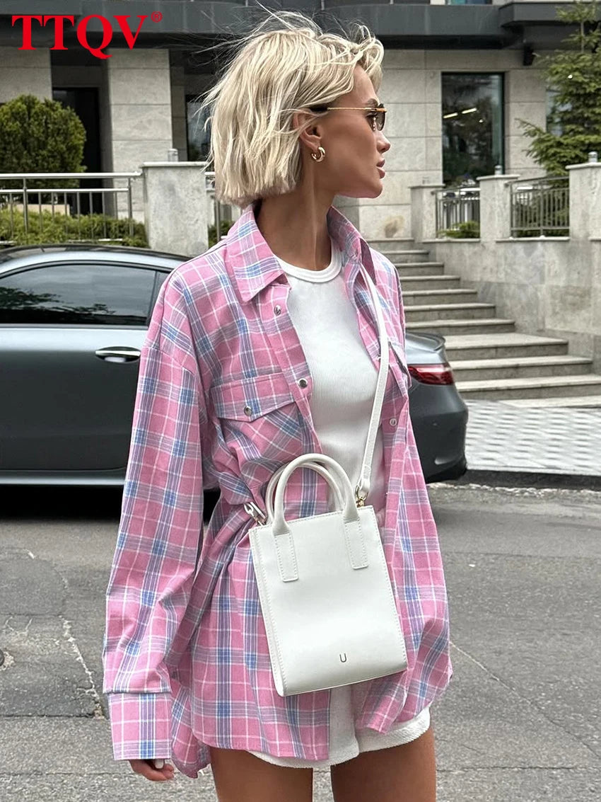 Vintage Pink Plaid Long Sleeve Button-Up Shirt for Women