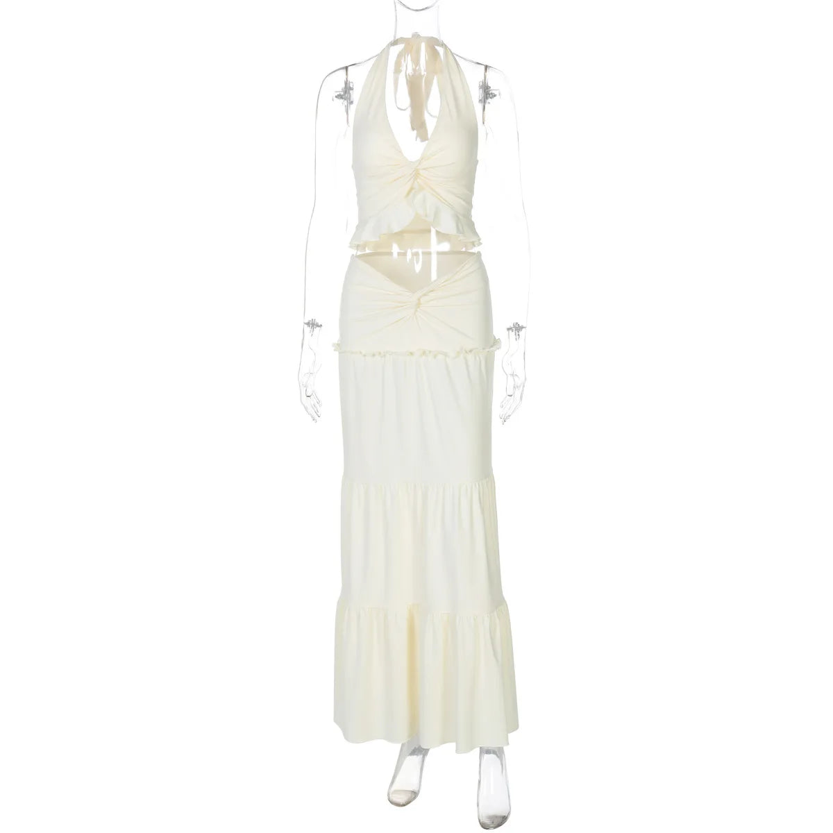 Cryptographic Elegant Two Piece Sets Sleeveless Frill Halter Twist Top Dress Sets Outfits Fashion Co-ord Sets Coquette Clothes