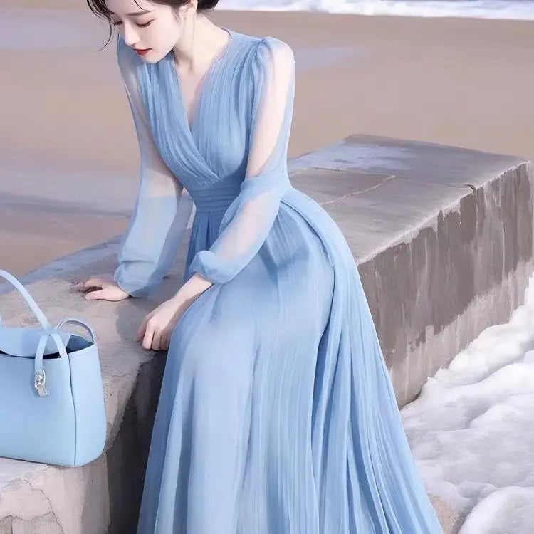 Elegant Blue Chiffon Ankle Length Flowing Dress For Women