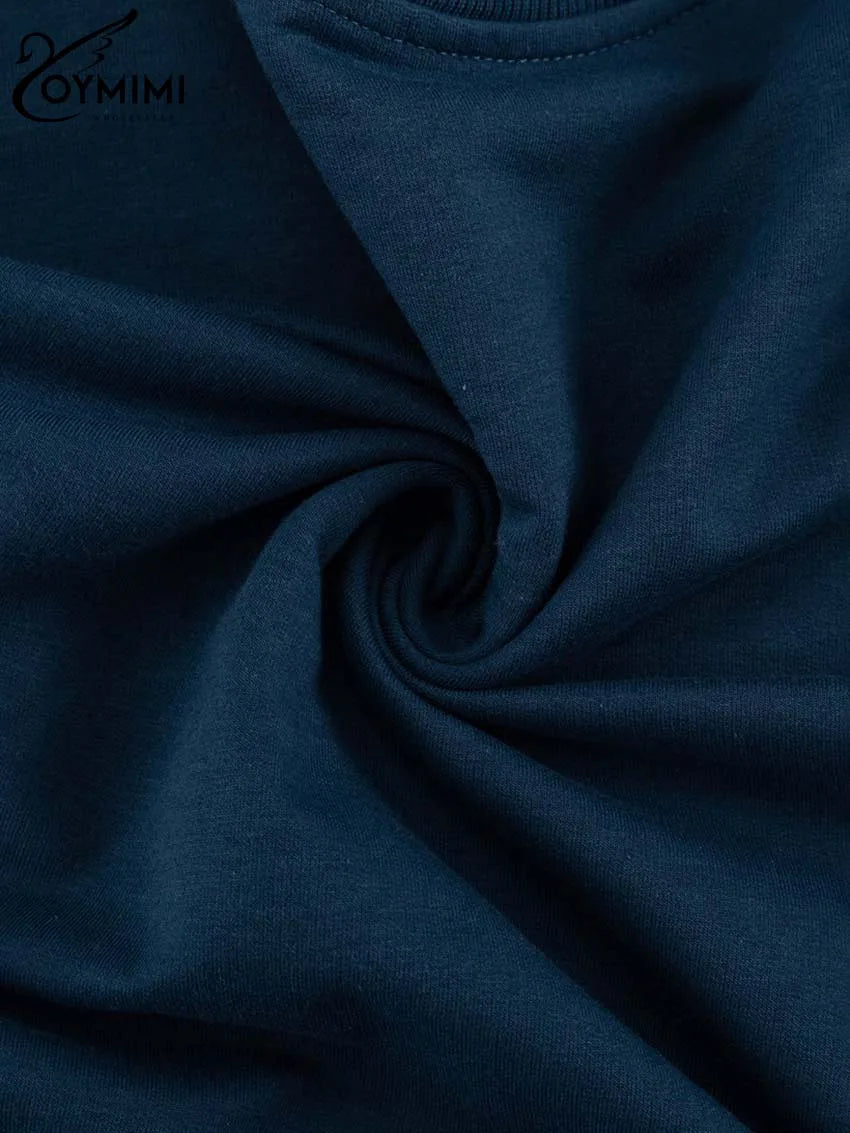 Oymimi Casual Blue Patchwork Sets For Women 2 Pieces O-Neck Long Sleeve Blouse And Drawstring Straight Sweatpants Set Streetwear