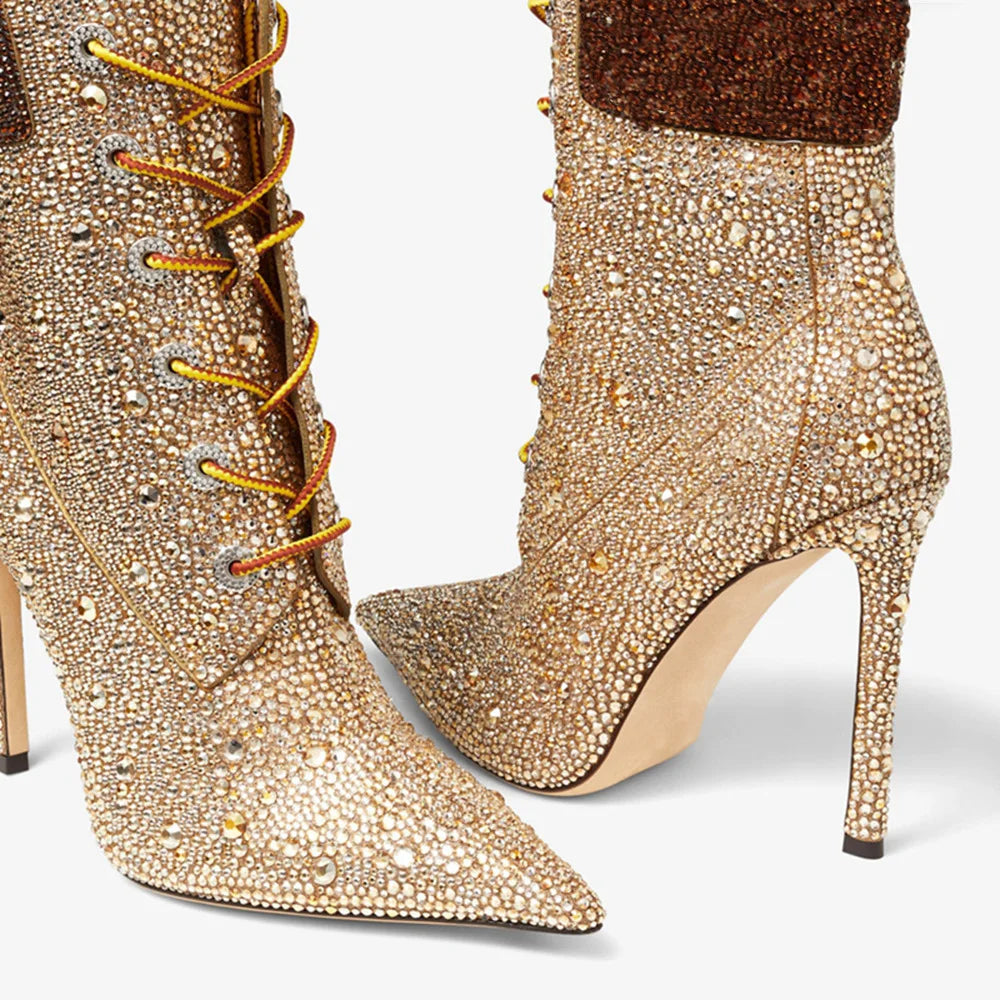 Design Women High Heel Champagne Gold Handmade Rhinestones Lace Up Ankle Boots Sexy Lady High Heel Pointy Crystal Short Boots