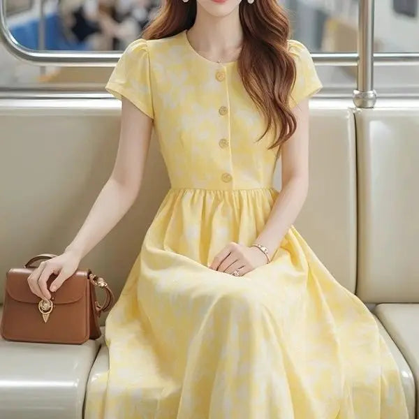 Lightweight Yellow Print Midi Dress With Cinched Waist for Women