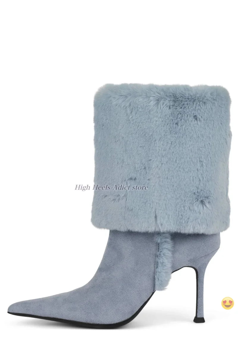 Pointy Toe Suede Fur Lined Slip On High Heel Ankle Boots For Women
