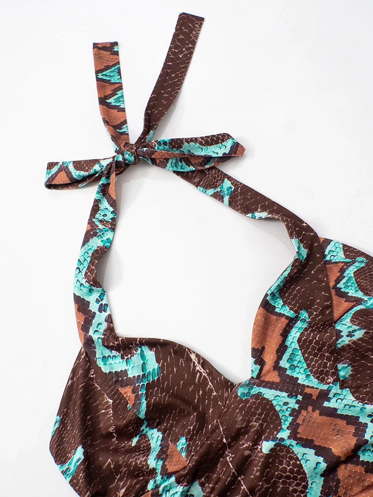 Panelled Y2K Snake Print Halter Backless Tank Top for Women
