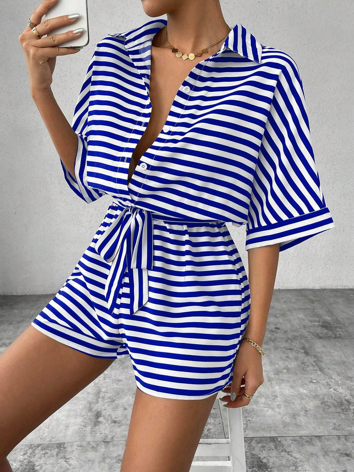 Casual Striped Batwing Sleeve Top And Shorts Set For Women