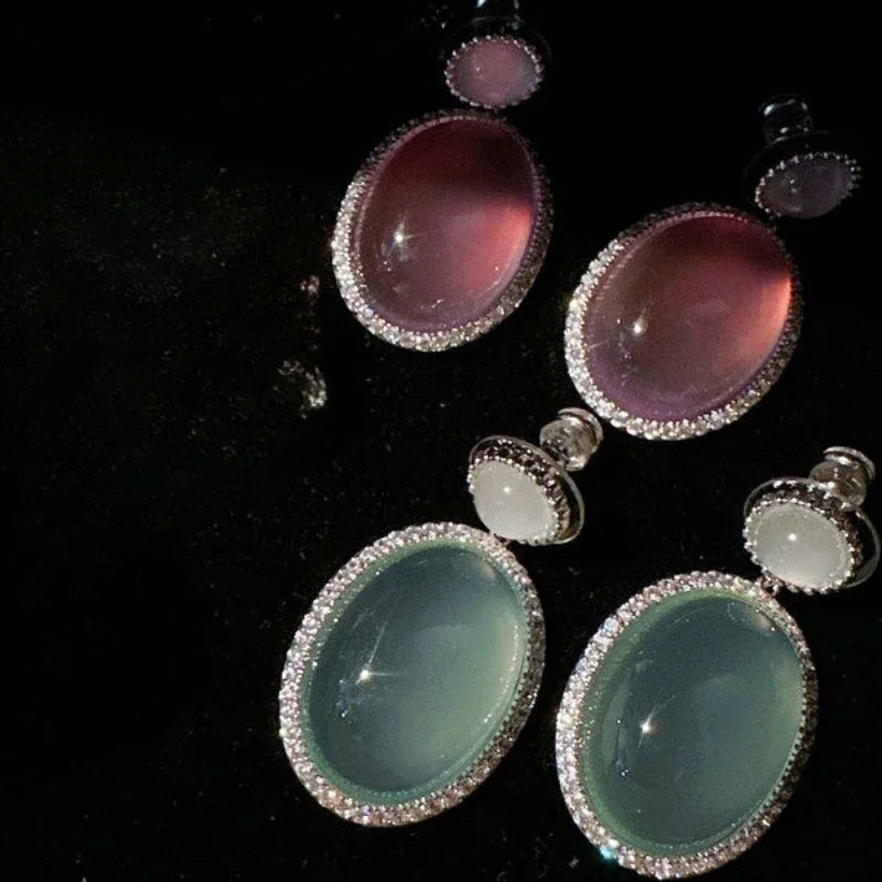 Elegant Oval Jade Zircon Gemstone Drop Earrings for Women