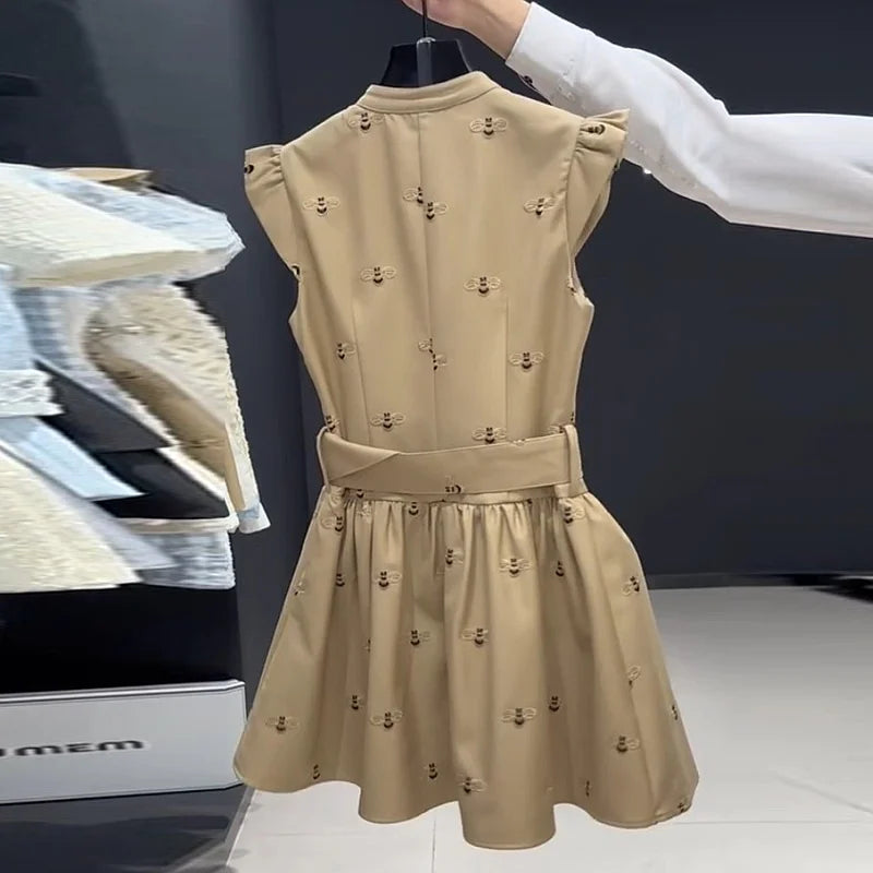 Stand Collar Slim Fit Midi Dress With Sash for Women