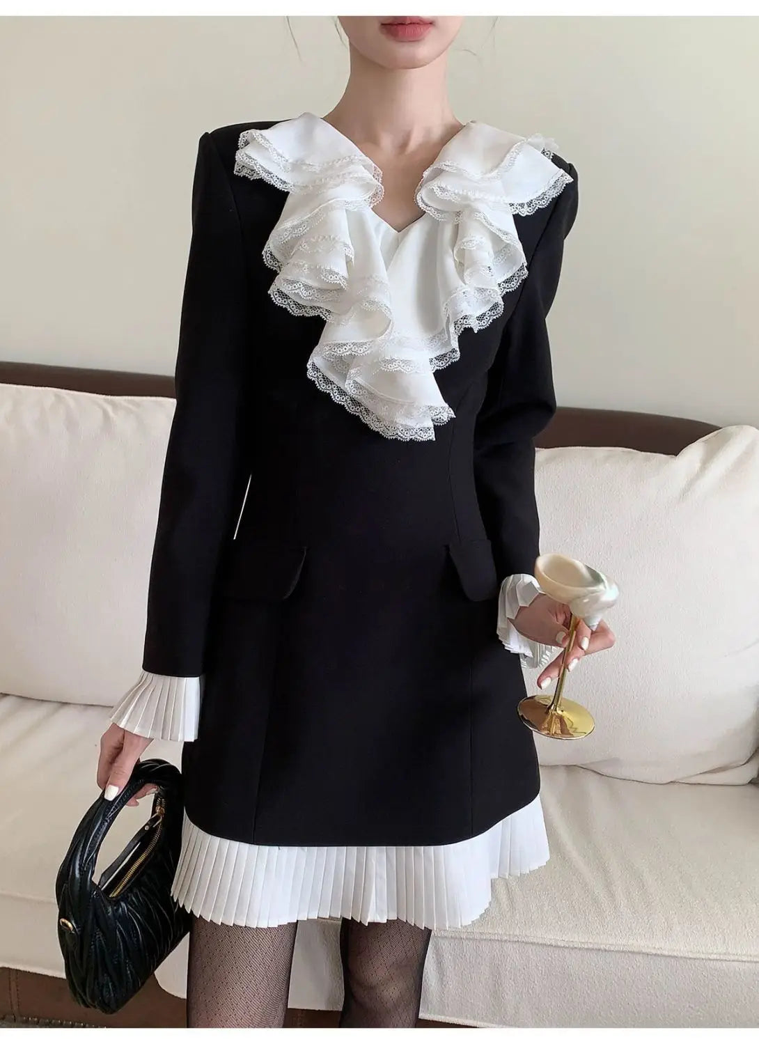 Cascading Ruffle Leaf Edge Collar Midi Dress for Women