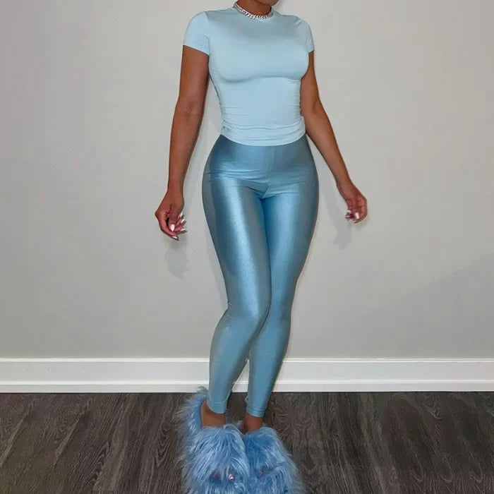 Two Piece Set for Woman Streetwear Solid Round Neck Short Sleeved T-shirt Top and Tight Pants Suit Spring and Summer 2025 New