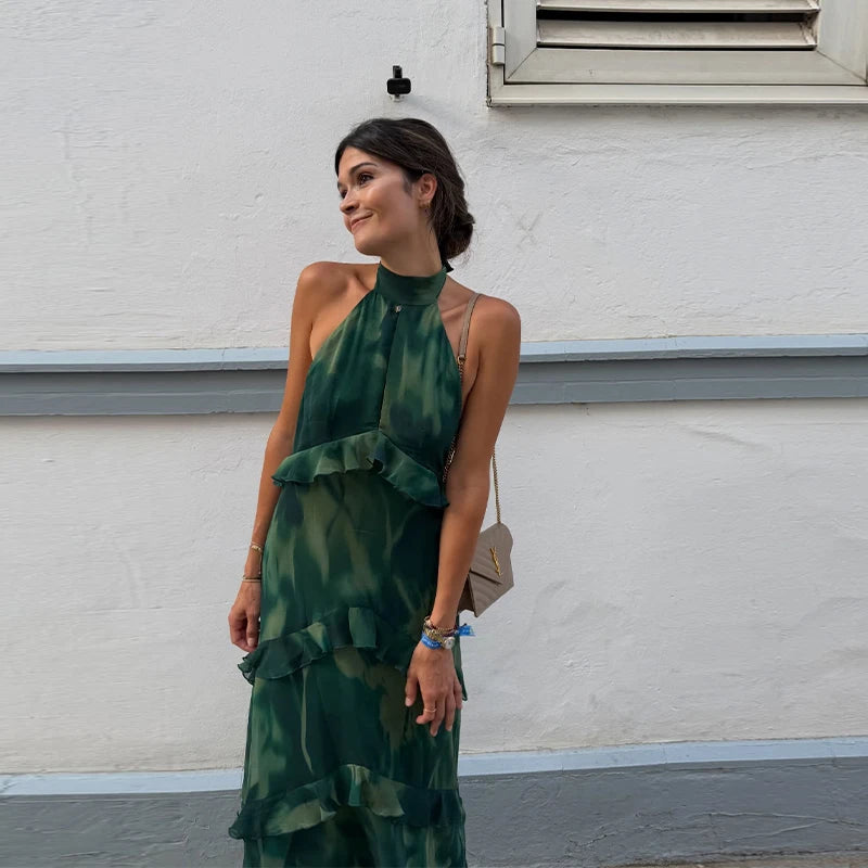 Cascading Ruffle Pleated Maxi Dress with Lace Up for Women