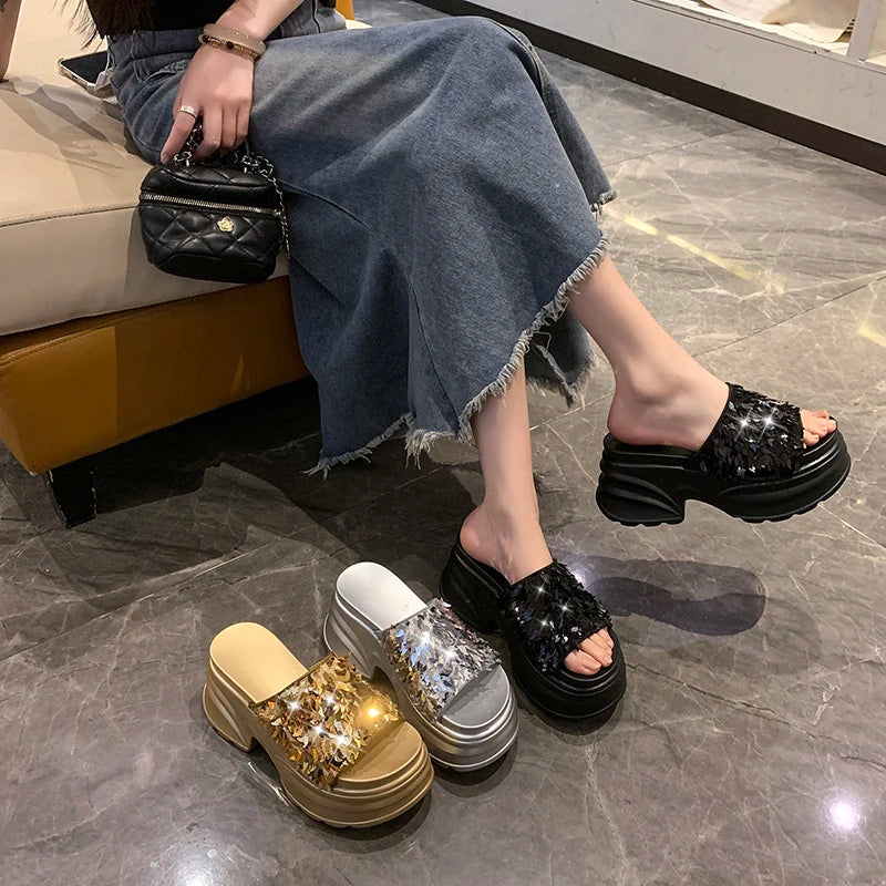 Metallic Sequined Platform Wedge Sandals for Women