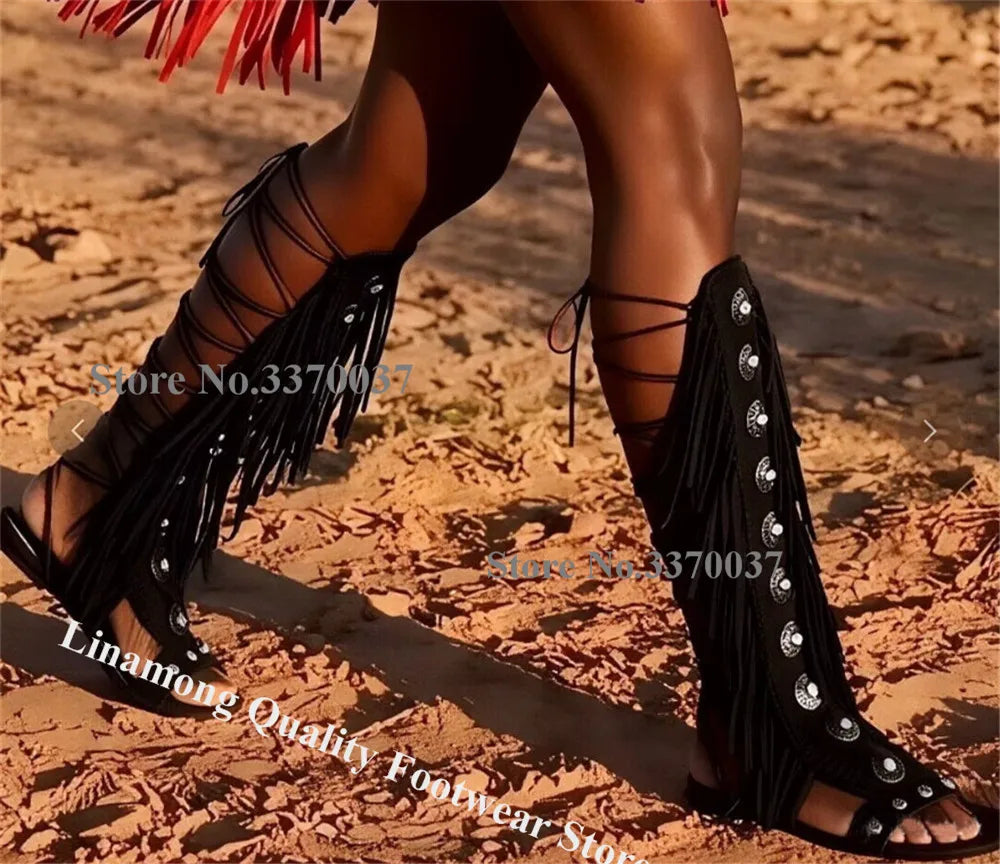 Open Toe Rhinestone Suede Fringe Gladiator Boots for Women