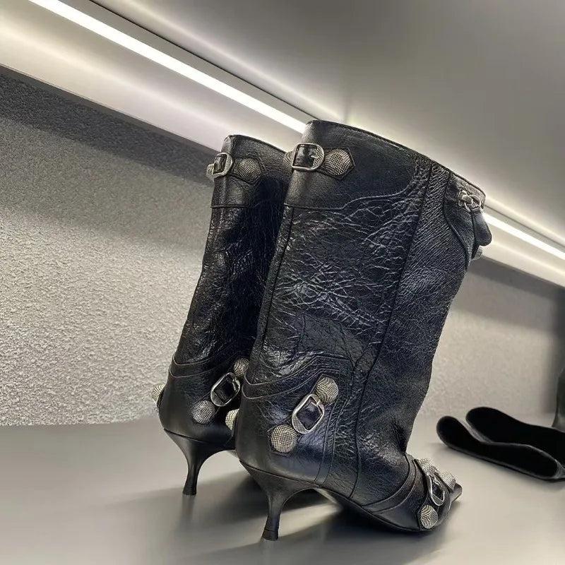 Punk Style Knee-High Rivet Detail Motorcycle Boots for Women
