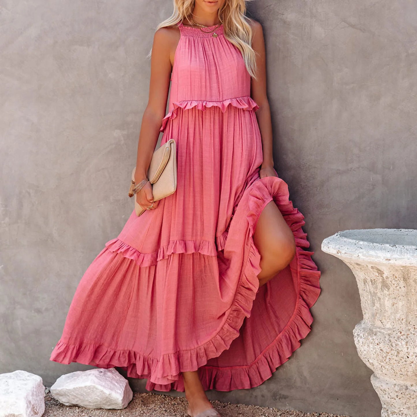 Solid Ruffled Sleeveless Maxi Sundress for Women